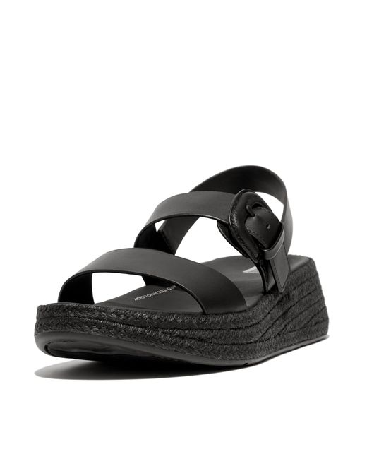 Fitflop Black F-mode Espadrille Buckle Leather Flatform Sandals
