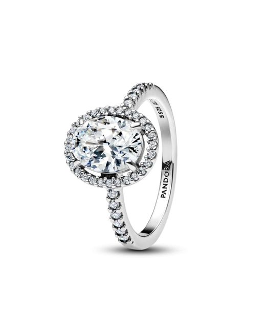 Pandora Metallic Ladies Silver Ring Oval Sparkling Halo 193777c01-58 Ring Size N 1/2
