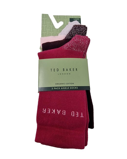 Ted Baker Red Maxeigh Assorted Three Pack Of Ankle Socks Uk 4-8 Eur 37-42 Ladies