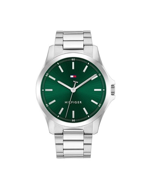 Tommy Hilfiger Drie Hand Quartz Beweging Horloge Voor Mannen Met Zilveren Roestvrij Stalen Armband - 1710672, Groen, Eén Maat in het Green voor heren