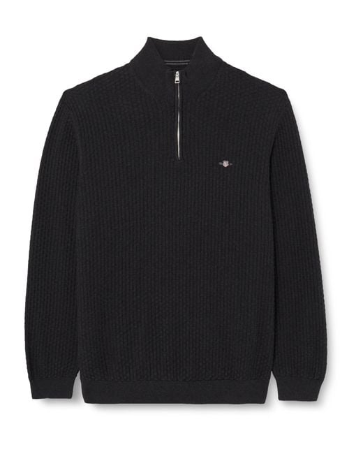 Gant Black Cotton Texture Half Zip Sweater for men