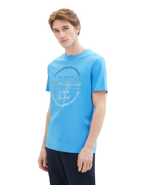 Tom Tailor Basic Crewneck T-Shrt mit Logo-Print aus Baumwolle in Blue für Herren
