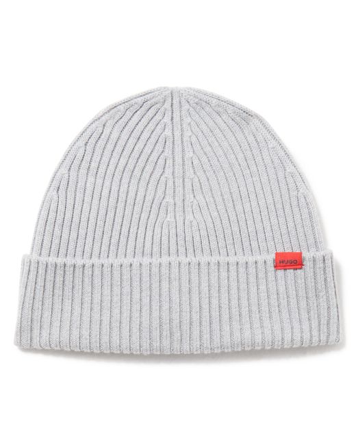 HUGO Gray Small Logo Ribbed Beanie Hat for men