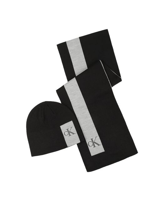 Calvin Klein Black Enclosed Silicone Ck Monogram Beanie And Scarf Set for men