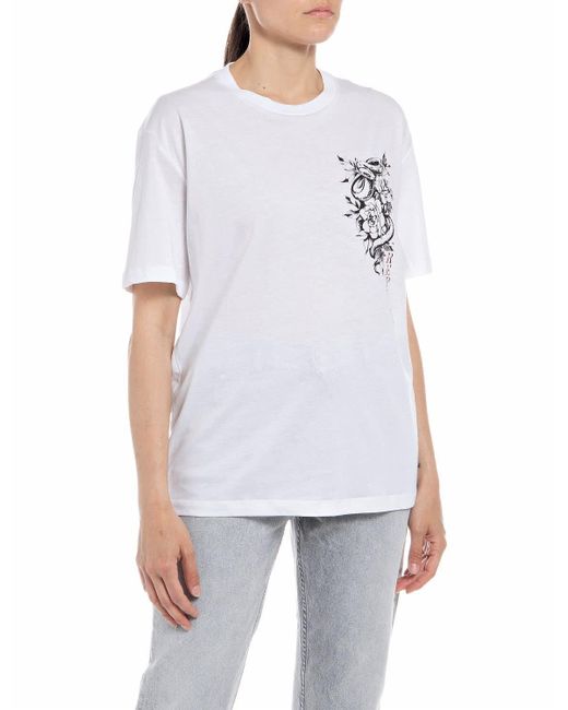 T-Shirt Donna ica Corta con Stampa Serpenti di Replay in White