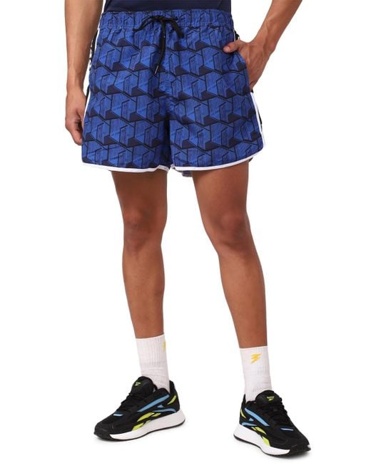 Reebok S Swim Shorts In Blue Geometric Print And Side Taping for men