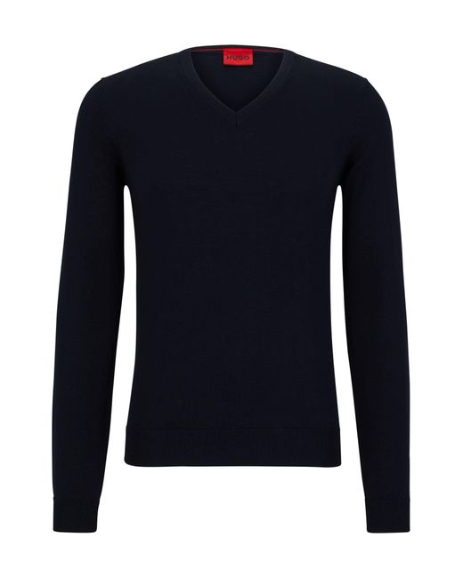 HUGO Blue V-neck Regular-fit Sweater In Virgin Wool for men