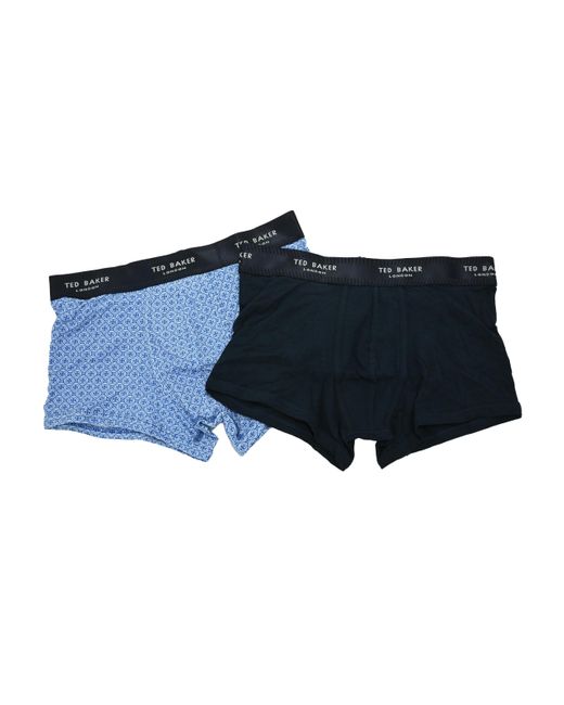 Ted Baker London Thornb 2 Pair Box Set Of S Cotton Stretch Printed Trunks Boxer Shorts In Black And Blue Size Medium Waist 32-34 Inches for men