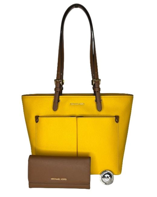 Michael Kors Yellow Jet Set Travel Md Doulbe Pocket Tote Bundled With Large Trifold Wallet And Purse Hook