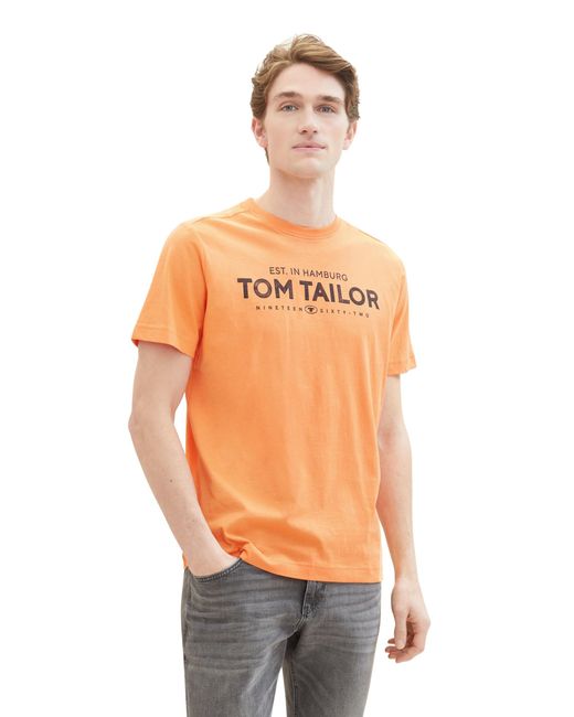 Tom Tailor Basic Crewneck T-Shrt mit Logo-Print aus Baumwolle in Orange für Herren
