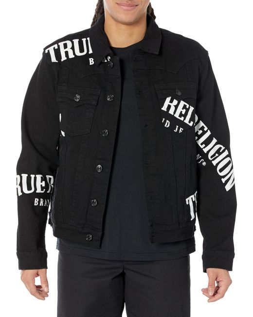 True Religion Black Jimmy Tossed Logo Denim Trucker Jacket for men