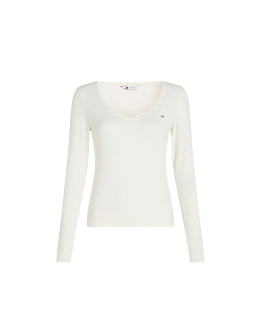 Maglia Scollo A V Slim Neckline Detail GMD DW0DW18425 Panna Bianco di Tommy Hilfiger in White
