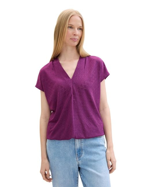 Tom Tailor Purple Basic Blusen-Shirt mit Lochstickerei-Details