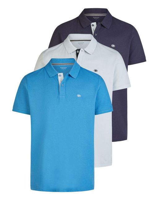 Tom Tailor Poloshirt Kurzarm Baumwolle Regular Fit 3er Set-Pack Shirt Sommer Basic Einfarbig in Blue für Herren