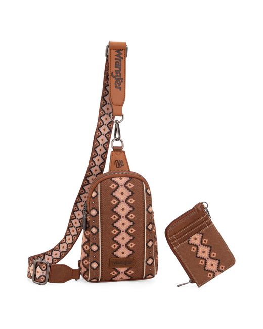 Wrangler Brown Aztec Crossbody Sling Bags For Wallet Set