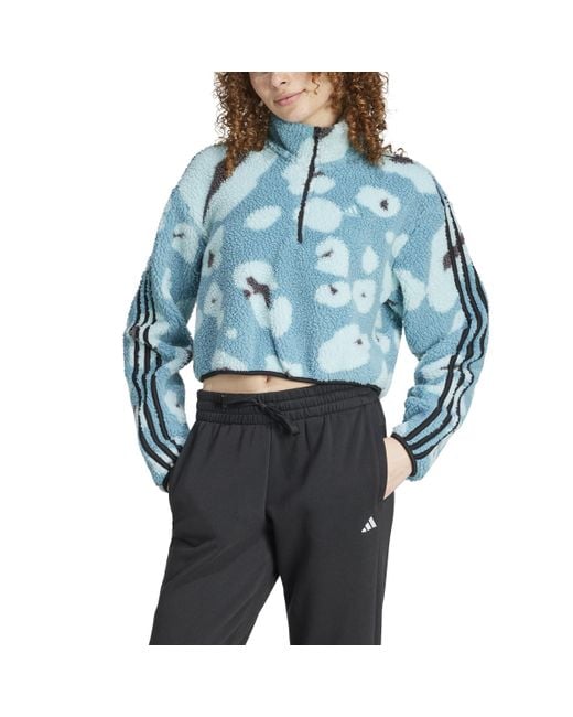 Adidas Blue Essentials 3-stripes Animal Print High Pile Cropped Quarter-zip Top