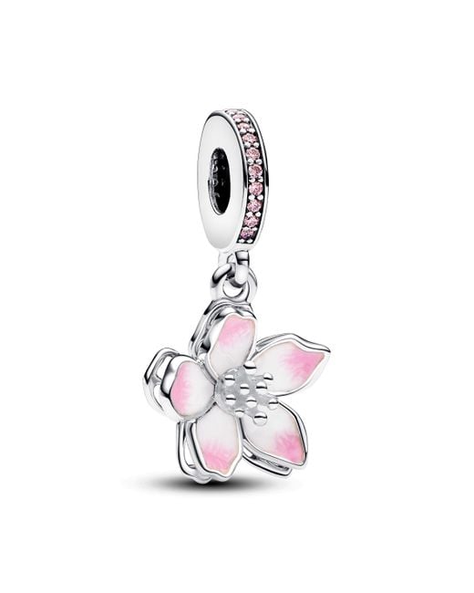 Pandora Moments Movable Cherry Blossom Sterling Silver Dangle With Fancy Pink Cubic Zirconia And Shaded Pink Enamel