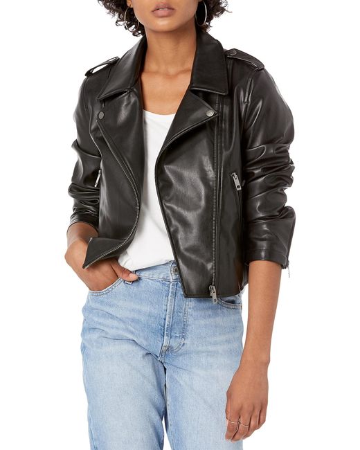 The Drop Heather Faux Leather Moto Jacket in Black | Lyst