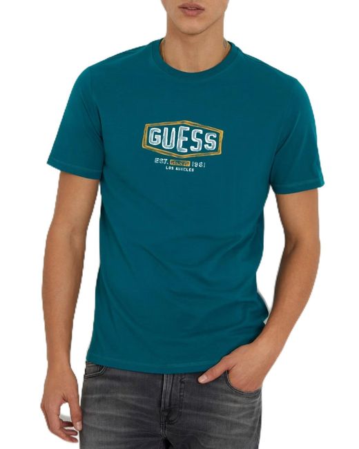 Shirt Box Crack Logo Verde Petrolio di Guess in Blue da Uomo