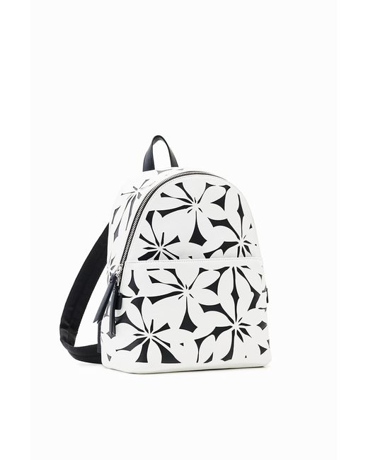 Desigual White Small Backpack With Die-cut Flowers