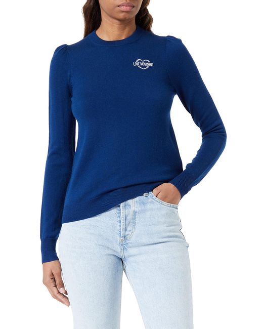 Love Moschino Blue Regular fit Roundneck Long Sleeves with Slight Puff and Heart Embroidery Pullover Sweater