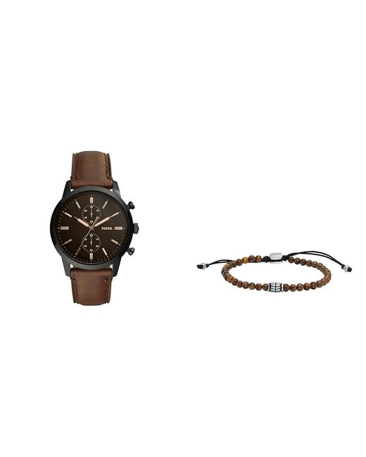 Fossil Brown Leather Watch and Silver Tone Stainless Steel Bracelet für Herren