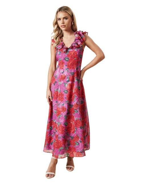Dorothy Perkins Red Petite Dp Luxe Printed Jacquard Chiffon Ruffle Front Sleeveless Midi Dress