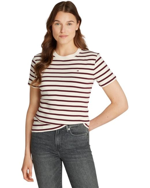 Camiseta de ga Corta Mujer Slim Cody con Cuello Redondo Tommy Hilfiger de color Multicolor