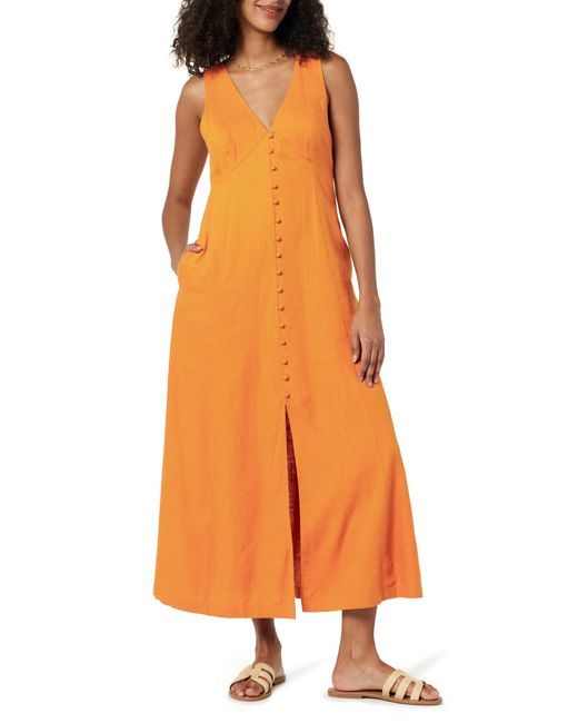 The Drop Orange Blanca Linen Button-front V-neck Maxi Dress