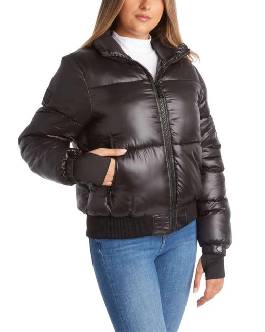 Steve Madden Black Insulated Quilted Moto Puffer Jacket- Heavyweight Outerwear Bomber Jacket For