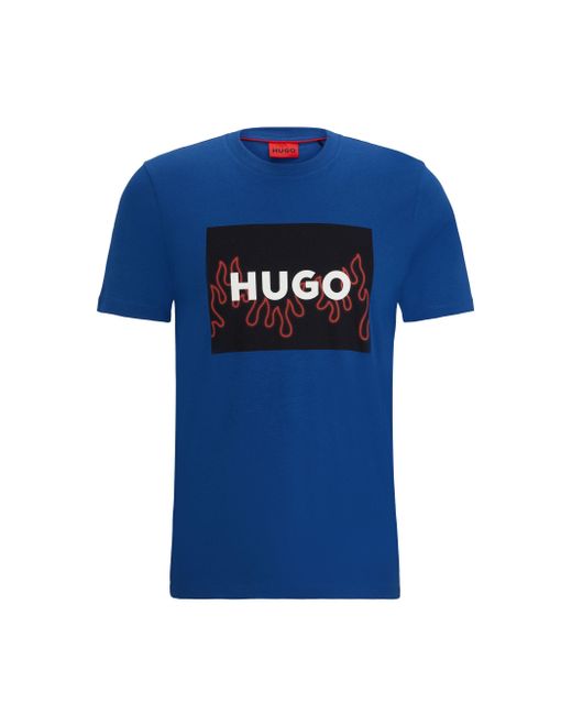HUGO Blue Cotton-jersey Regular-fit T-shirt With Flame Logo for men