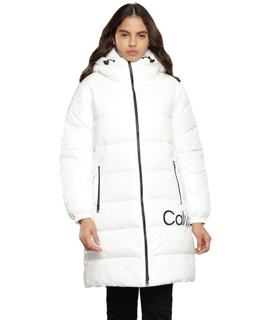 Calvin Klein White Shiny Long Fitted Jacket J20j221902 Padded Coats