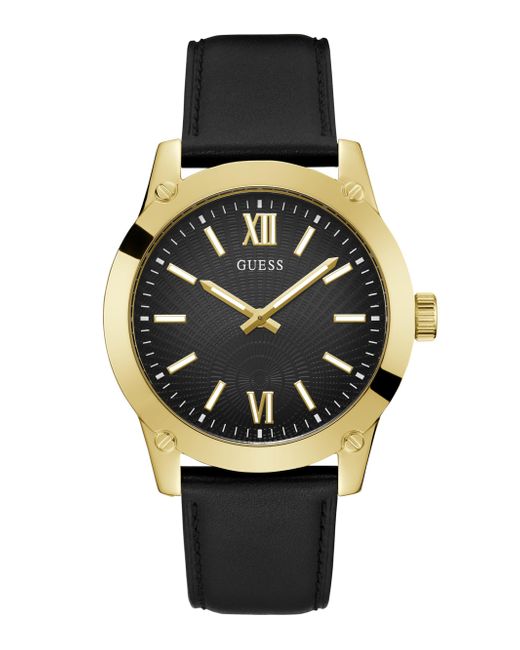 Guess Metallic Gents Black Leather Strap Watch for men