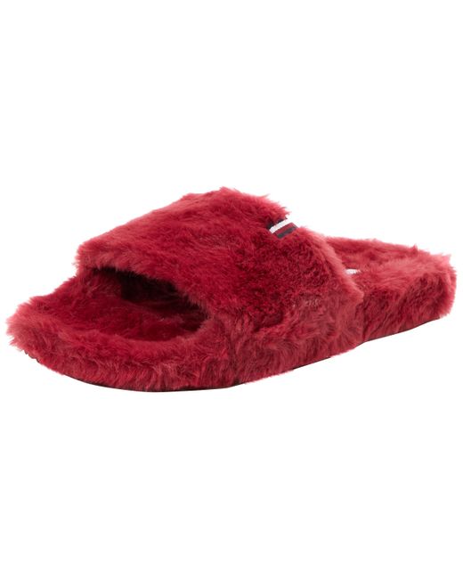 Tommy Hilfiger Red Fur Home Slippers Slides Plush
