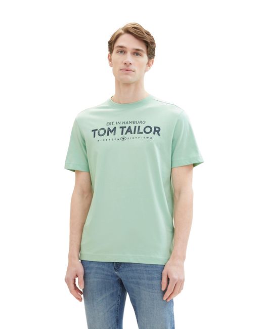 Tom Tailor Basic Crewneck T-Shrt mit Logo-Print aus Baumwolle in Green für Herren