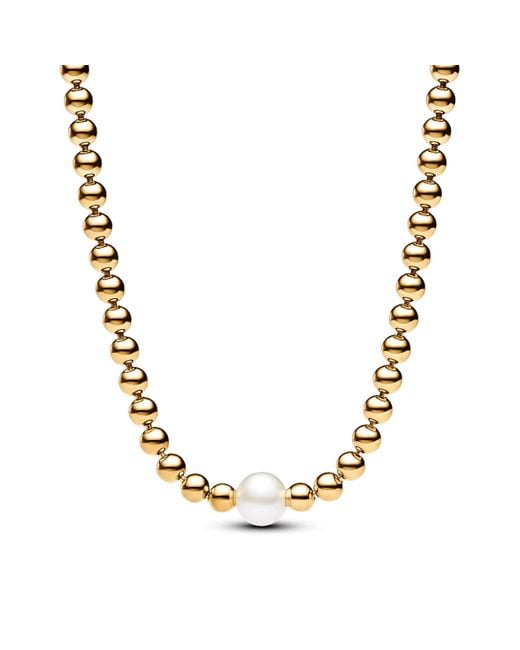 Timeless Collar chapado en oro de 14 quilates con perla blanca cultivada de agua dulce tratada y circonitas cúbicas Pandora de color Metallic
