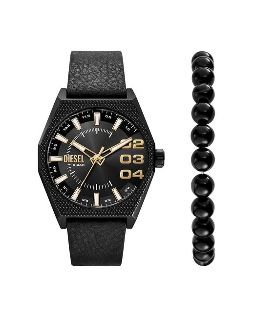 DIESEL Black Analog Quartz Watch With Leather Strap Dz2210set for men