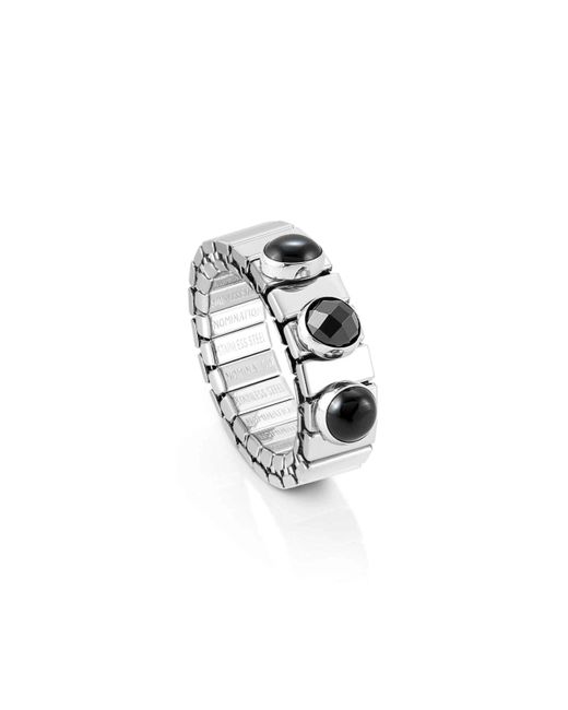 Nomination Metallic Ring With 2 Stones And 1 Faceted Crystal - Made In Italy - Size Stretchy 12/13