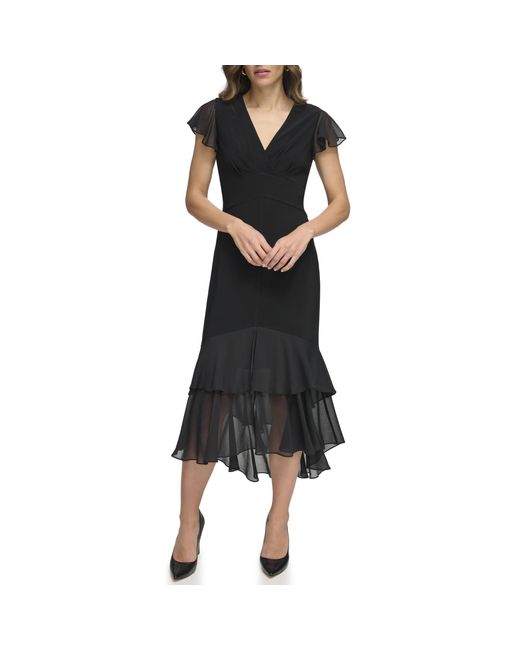 Tommy Hilfiger Black Flutter Sleeve High Low Tiered Skirt Dress