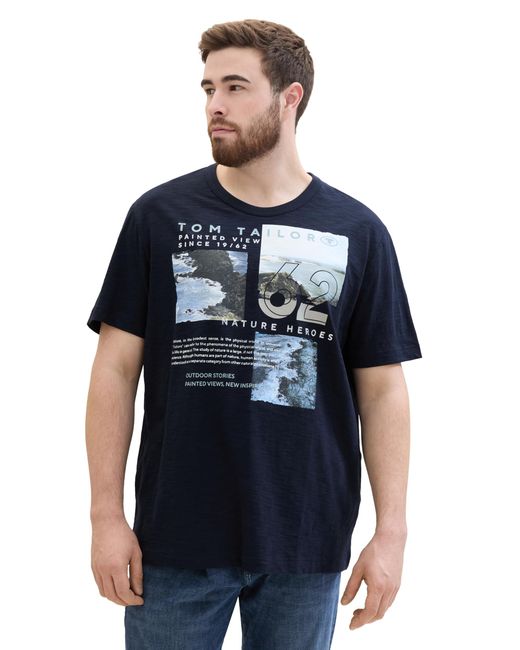 Tom Tailor Plussize Basic Crew-Neck T-Shirt mit Foto-Print in Blue für Herren