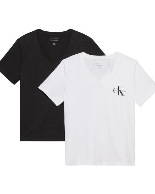 Donna T-Shirt iche Corte Confezione da 2 Logo Tee con Scollo a V di Calvin Klein in Black