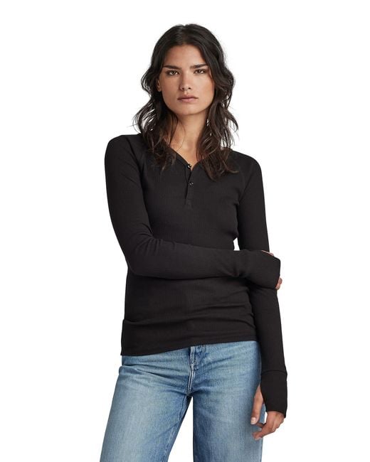 G-Star RAW Slim Rib Henley Ls in het Black