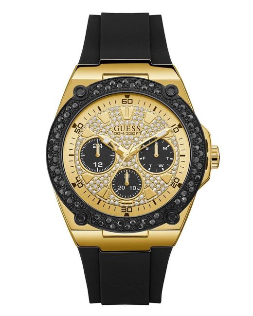 Black Gold-Tone Glitz Stain Resistant Silicone Watch with Day di Guess da Uomo