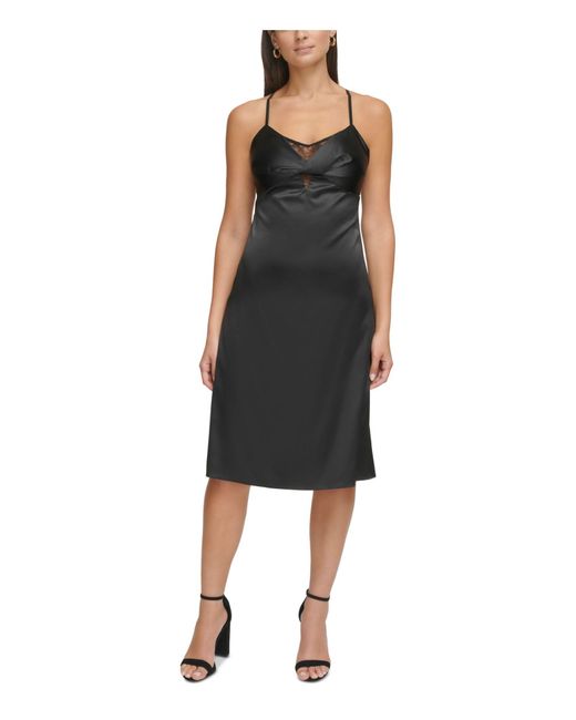 Guess Black S Lace Trim Knee-length Slip Dress