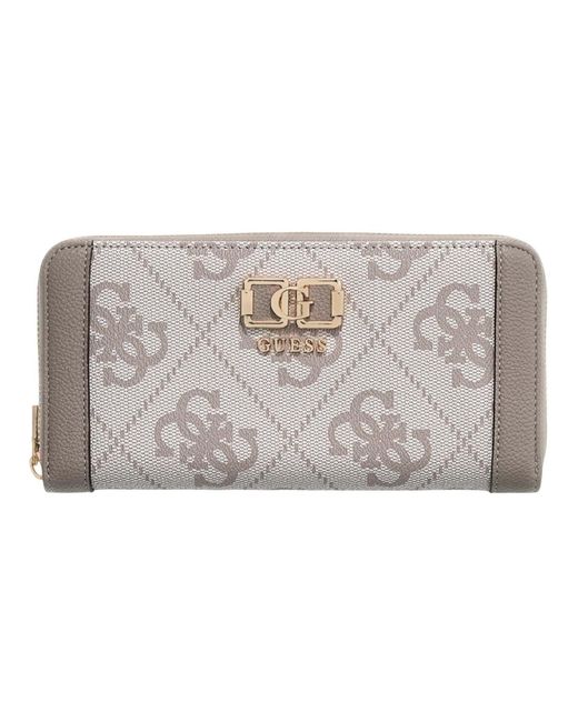 GUESS Porte-Monnaie Erenia Zip Around - Élégant Wallet Femme Dark Taupe Logo - Cuir PU Recyclé