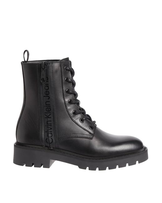 Calvin Klein Black Mid-calf Lace Up Leather Combat Boots