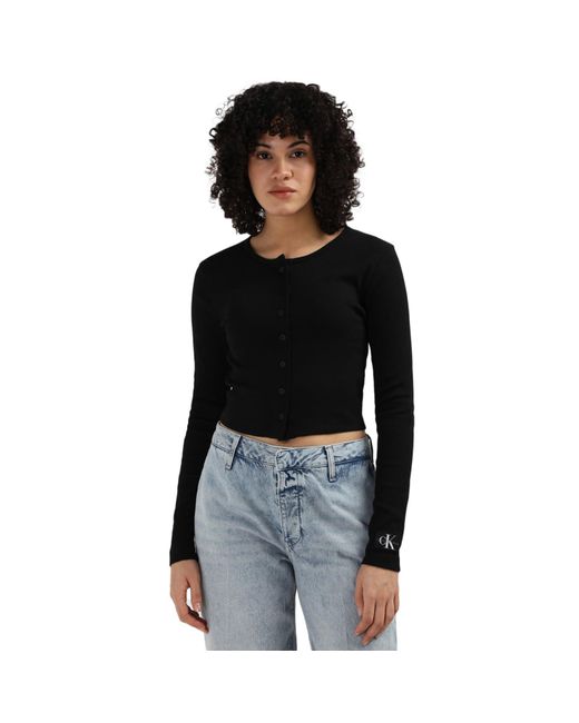 Calvin Klein Black Cardigan Woven Label Rib Cardigan Dünn