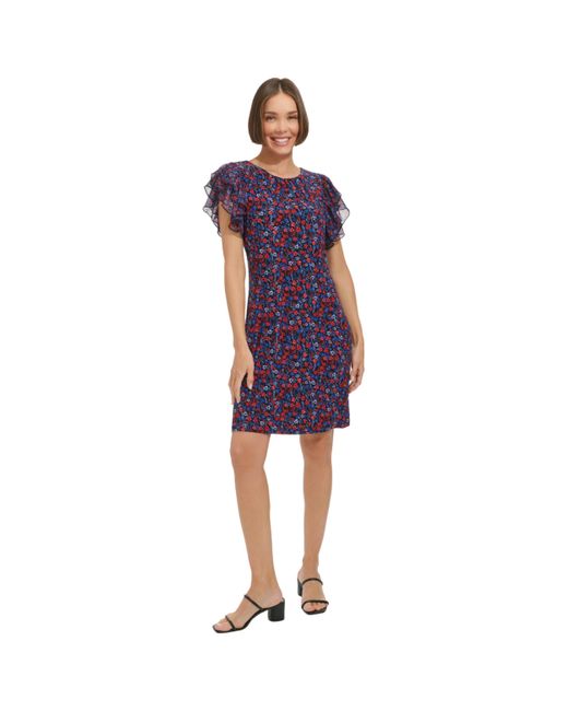 Tommy Hilfiger Purple Chiffon Flutter Sleeve Round Neck Ditsy Floral Jersey Dress