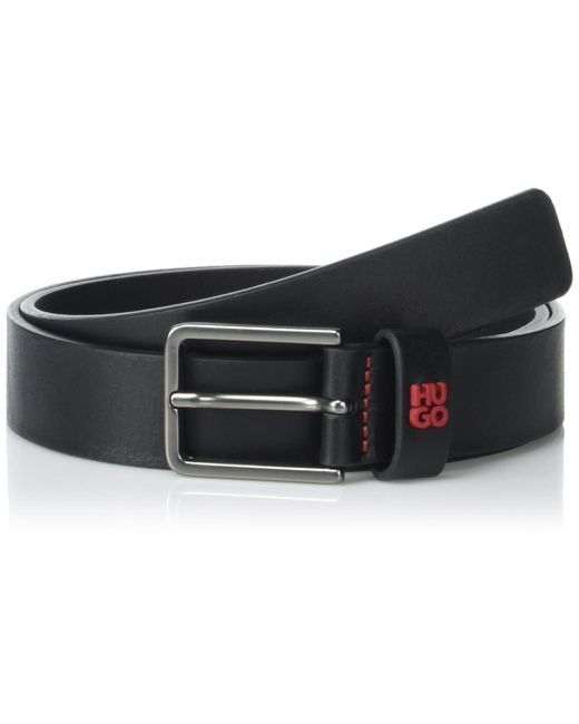HUGO Black Stacked Logo Thin Buckle Leather Belt for men