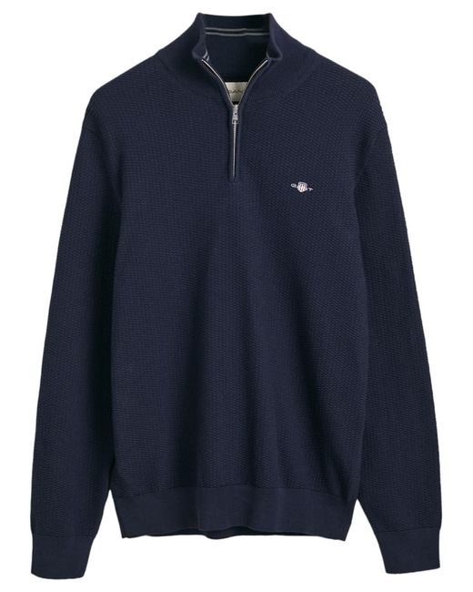 Gant Blue Cotton Micro Textured Half Zip Pullover Sweater for men